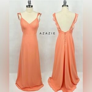 AZAZIE peach colored bridesmaid dress with frilly sleeves